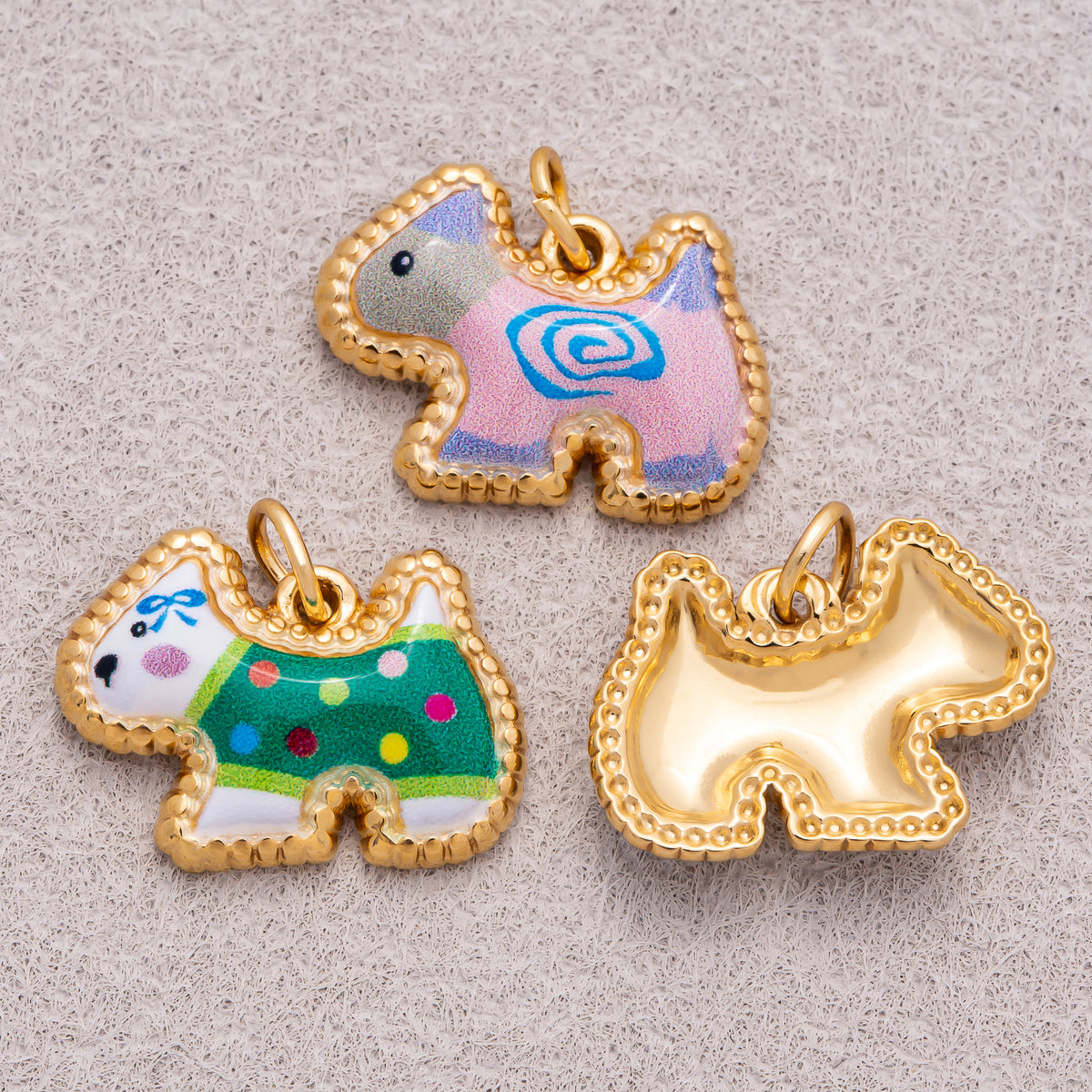 Gold PVD Stainless Steel Green, Yellow, Pink Cute Enamel Kitten Animal Charm