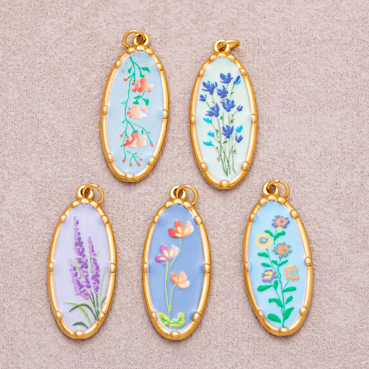 Gold PVD Stainless Steel Hand-Painted Colorful Vintage Oval Artistic Botanical Charm