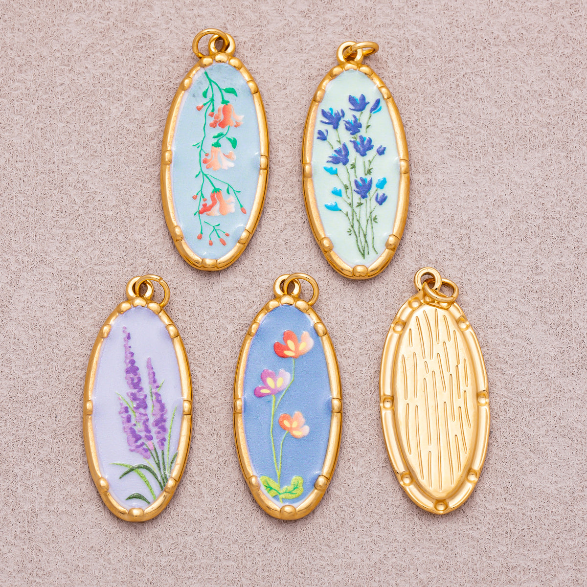 Gold PVD Stainless Steel Hand-Painted Colorful Vintage Oval Artistic Botanical Charm