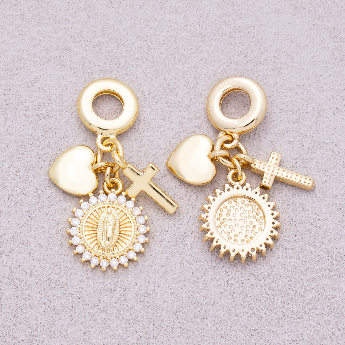 16K Gold Plated 33mm Micro Paved CZ Sunflower Virgin Mary Religious Chubby Heart Cross Rondelle Pendant