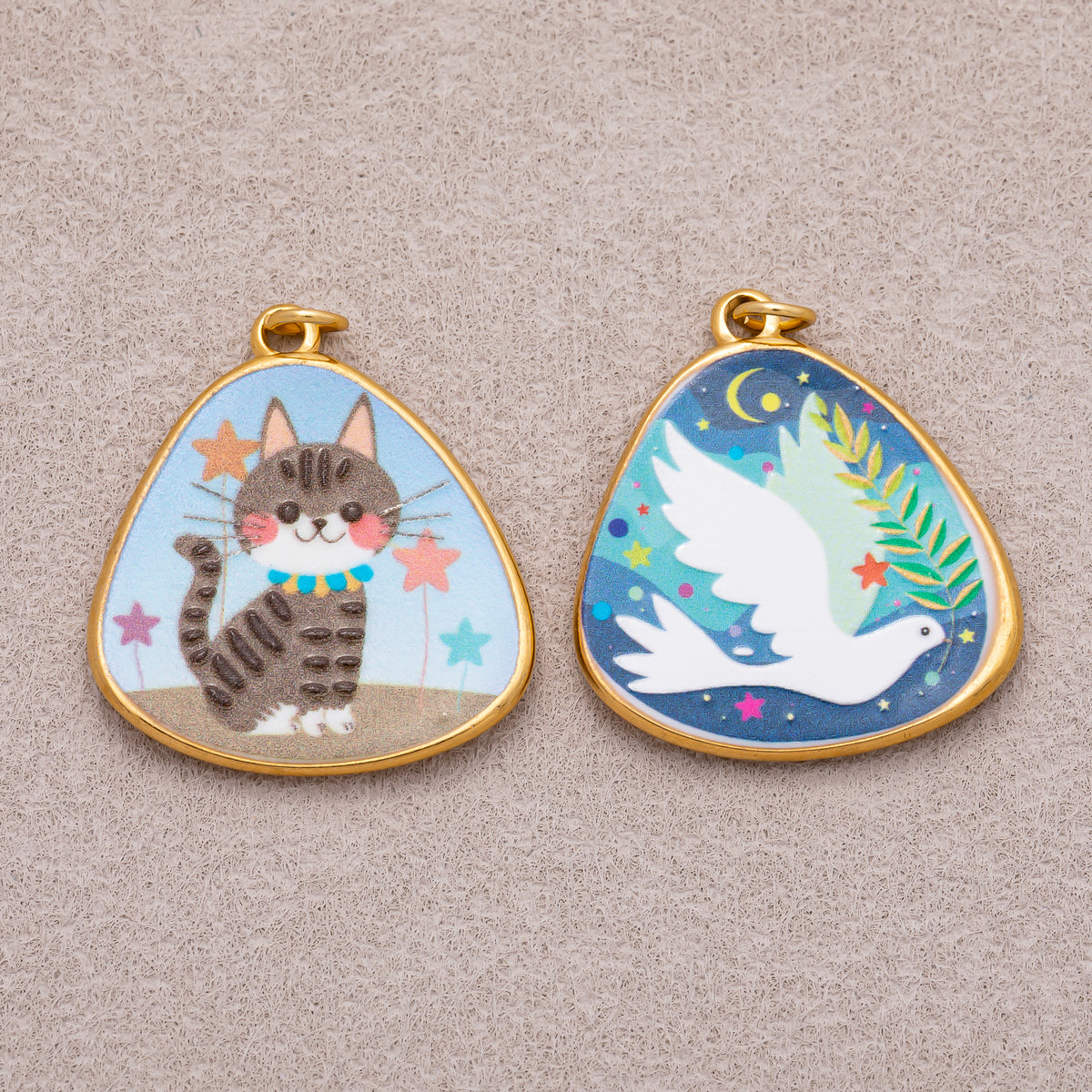 Gold PVD Stainless Steel Hand Painted Enamel Lovely Doves & Kitty Pet Charm