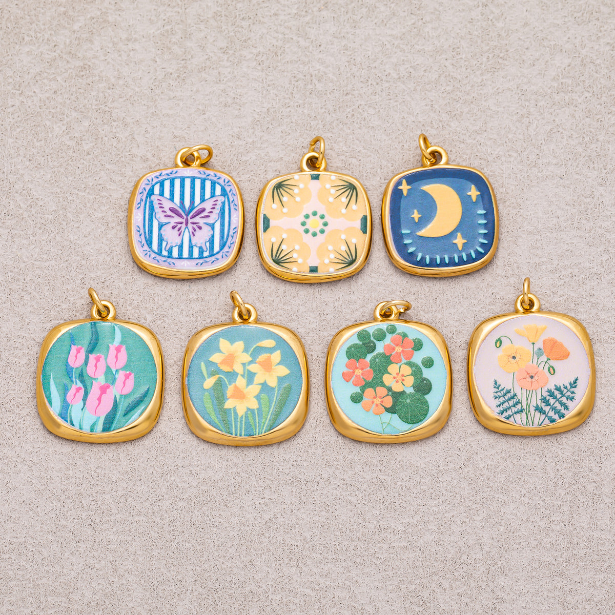 Gold PVD Stainless Steel Hand-Painted Dreamy Set Medallion Tag Charm