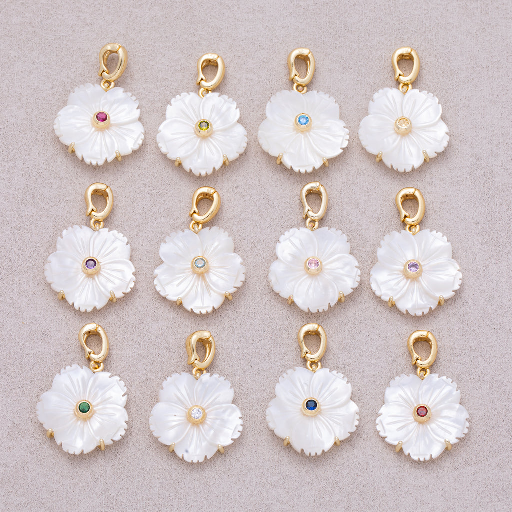 16K Gold Plated Mother of Pearl Blooming Flower Personal Birthstone Pendant - Sold Each