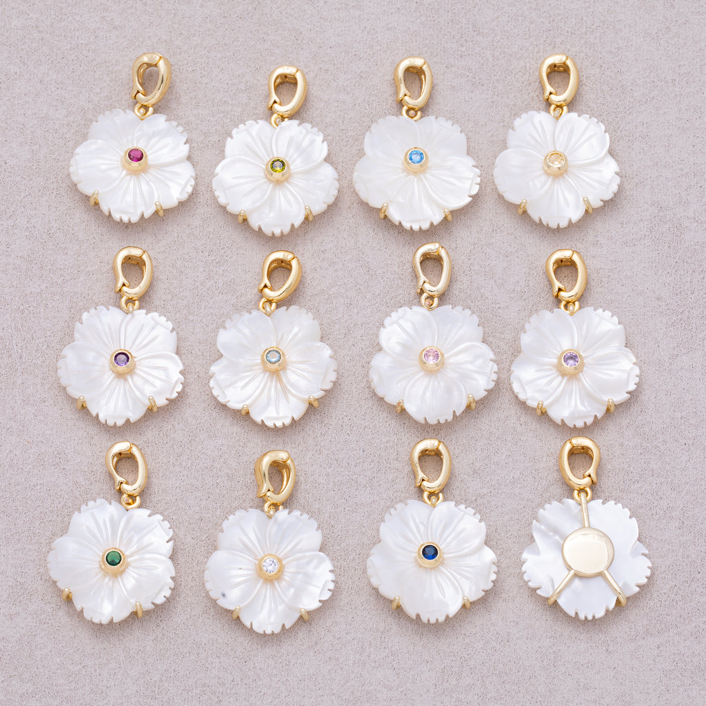 16K Gold Plated Mother of Pearl Blooming Flower Personal Birthstone Pendant - Sold Each