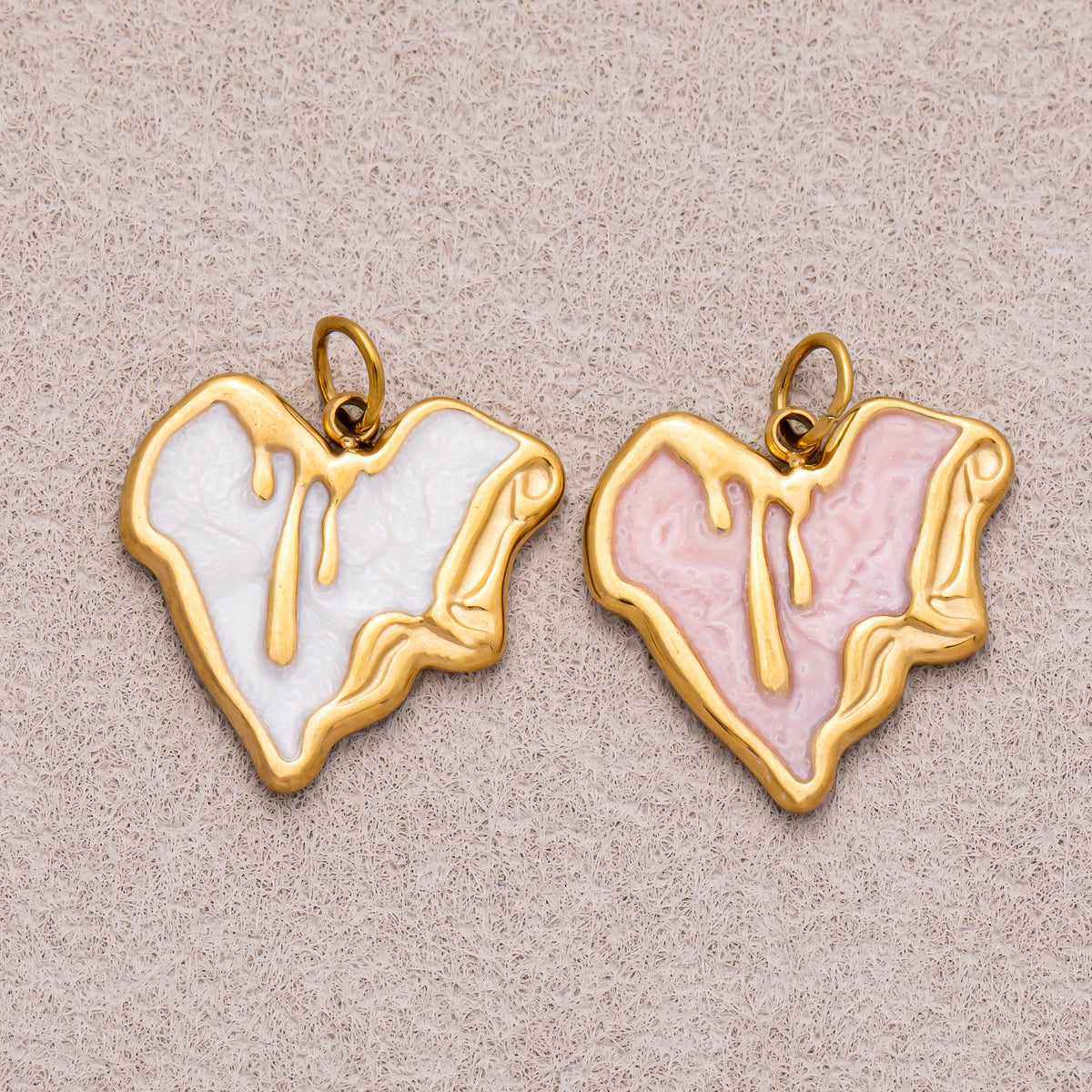 Gold PVD Stainless Steel Pink, White Molten Irregular Heart Enamel Charm