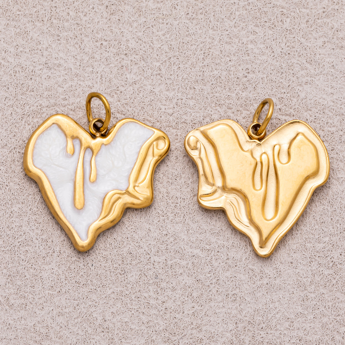 Gold PVD Stainless Steel Pink, White Molten Irregular Heart Enamel Charm