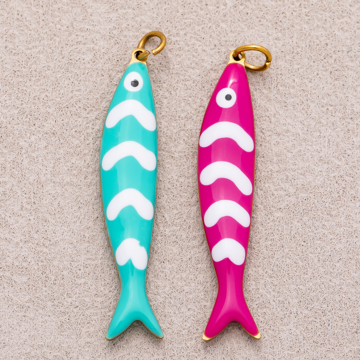 Gold PVD Stainless Steel Pink, Blue White-Lined Fish Sea 3D Multidimensional Charm