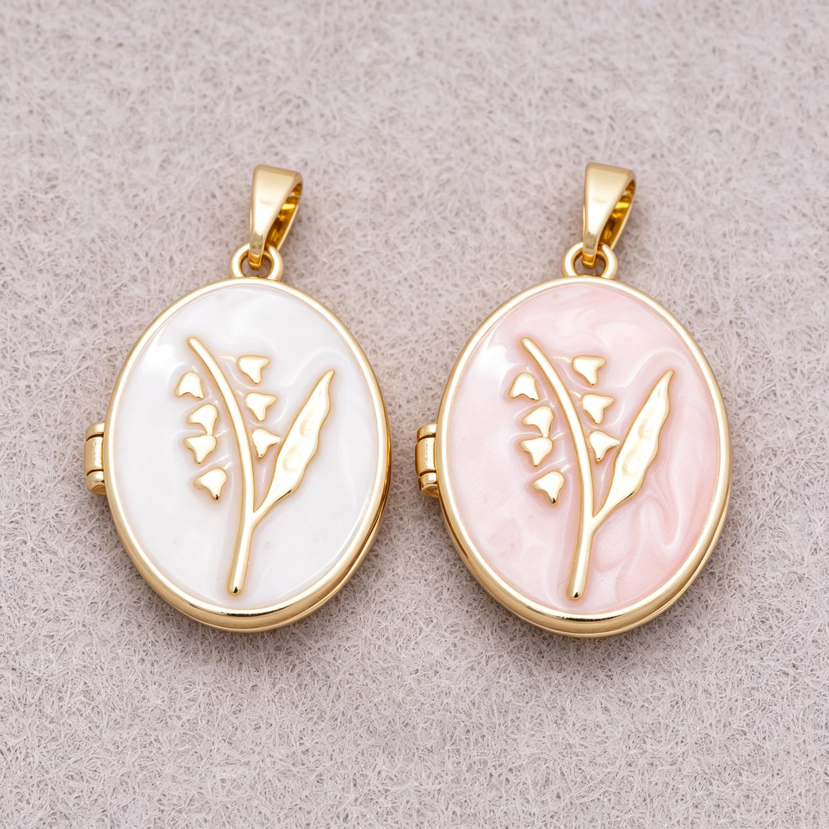 16K Gold Plated White & Pink Mother of Pearl Leaf Oval Open Locket Pendant - Sold Each