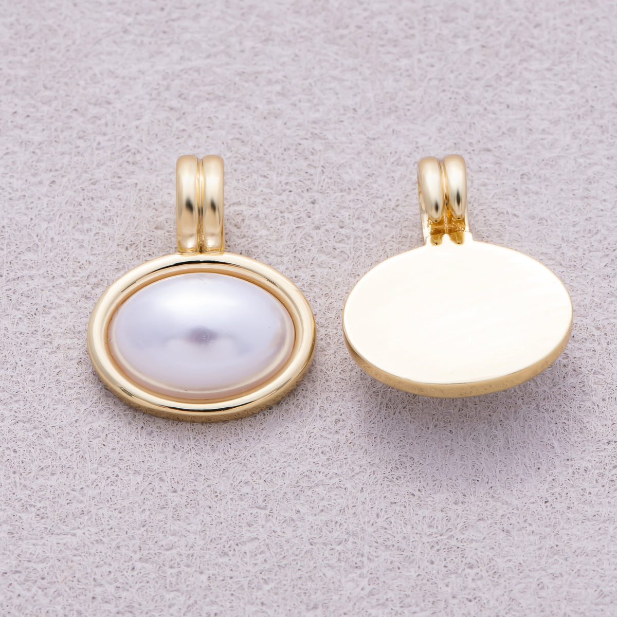 16K Gold Plated Ribbed Bail Oval White Shell Pearl Bezel Charm - Sold Each