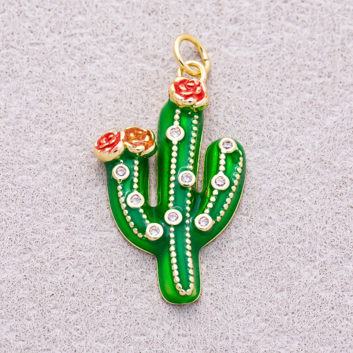 16K Gold Plated Clear CZ Plant Cactus Enamel Charm - Sold Each