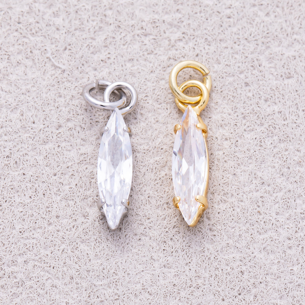 16K Gold Plated Clear CZ Minimalist Marquise Birthstone Charm - Sold Each