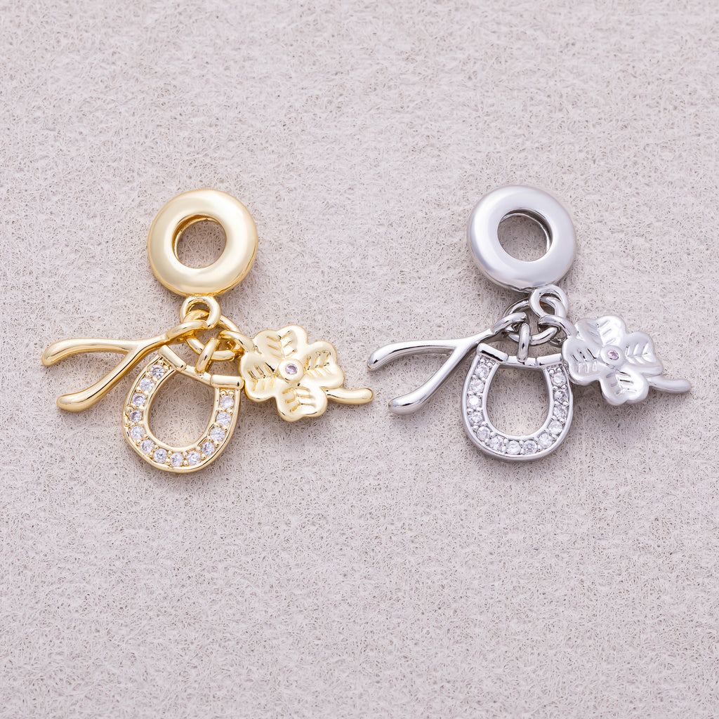16K Gold Plated Clear CZ Horseshoe, Clover, Wishbone Triple Lucky Dangle Charm - Sold Each