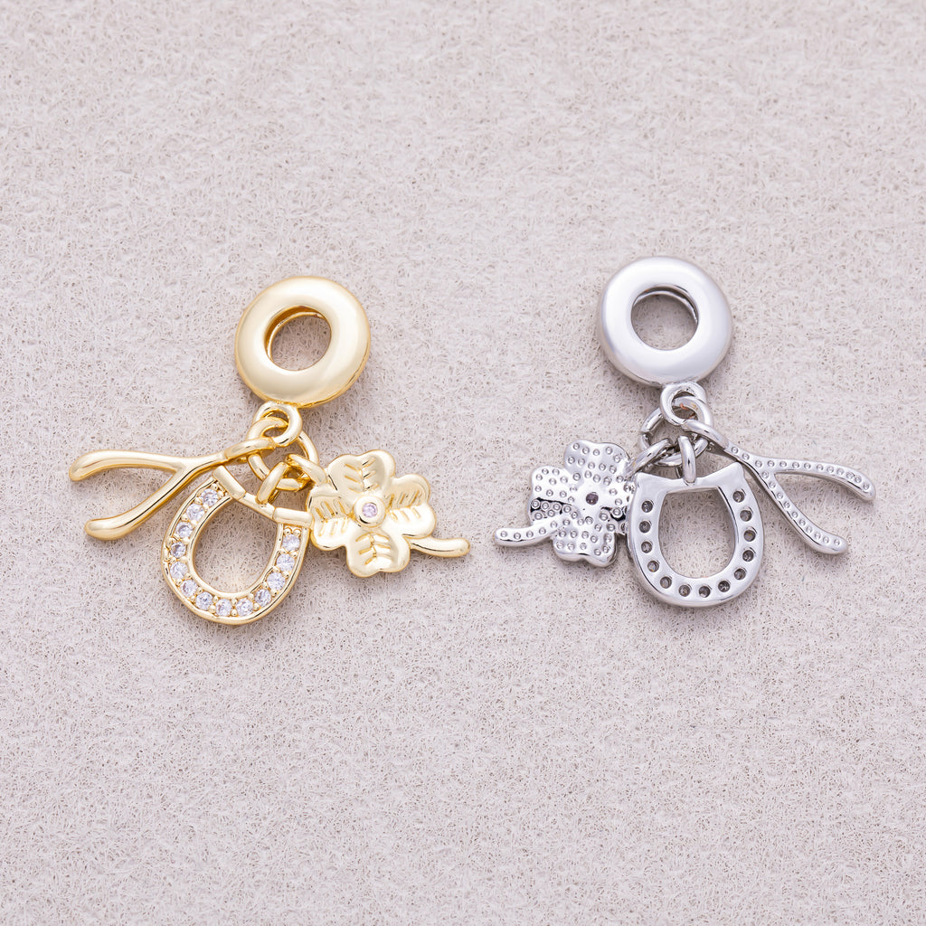16K Gold Plated Clear CZ Horseshoe, Clover, Wishbone Triple Lucky Dangle Charm - Sold Each