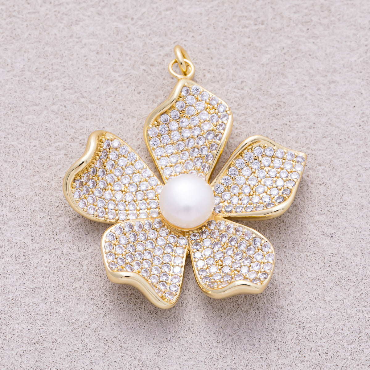 16K Gold Plated White Shell Pearl Micro Paved CZ Wavy Petal Flower Pendant - Sold Each