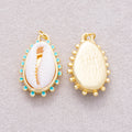 16K Gold Plated Turquoise Enamel Natural Cowrie Shell Scalloped Ocean Pendant - Sold Each