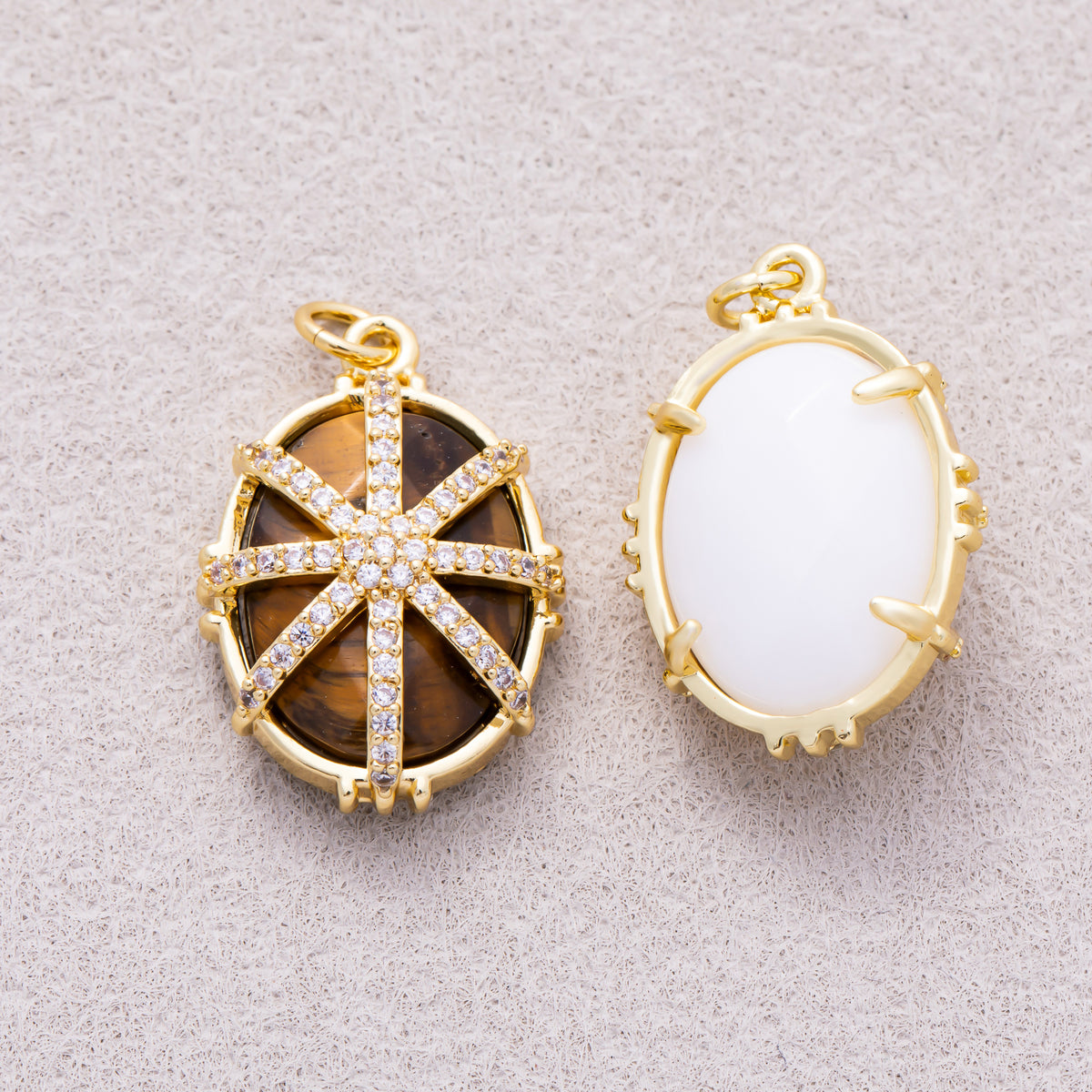 16K Gold Plated Micro Paved CZ Oval Natural Gemstone Starburst Overlay Pendant - Sold Each