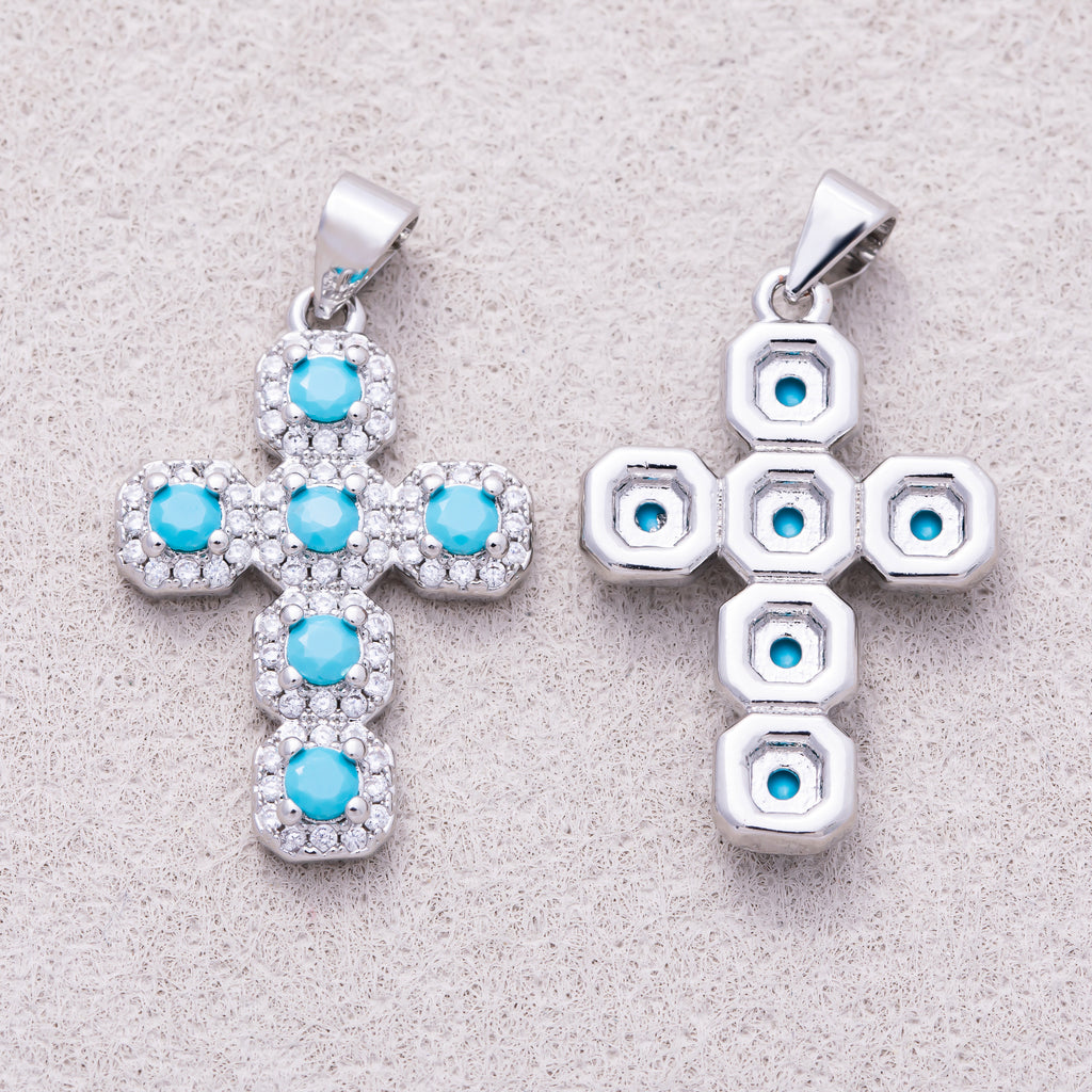 16K Gold Plated Round Turquoise Micro Paved CZ Statement Cross Religious Pendant - Sold Each