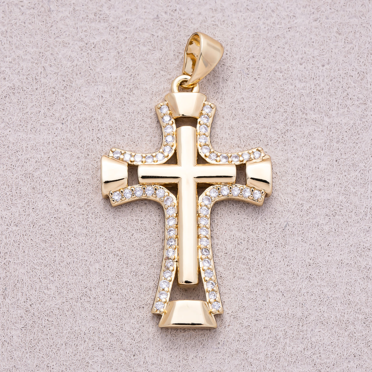 14K Gold Plated Micro Paved CZ Double Open Flared Cross Pendant - Sold Each