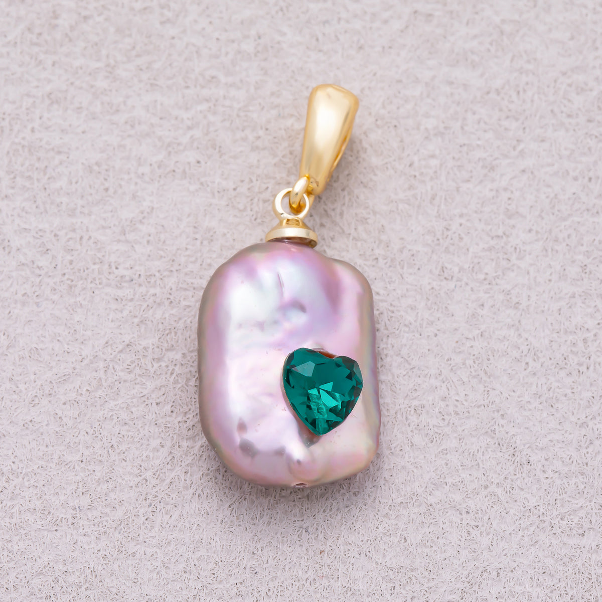 16K Gold Plated Green Heart CZ Natural Purple Baroque Freshwater Pearl Charm - Sold Each