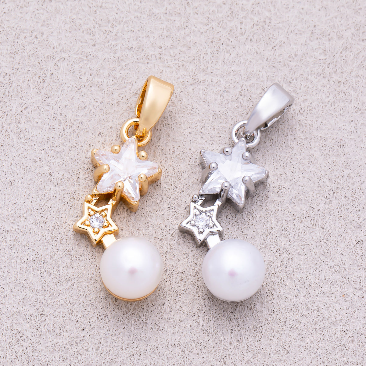 16K Gold Plated Double Star CZ & Shell Pearl Drop Pendant - Sold Each