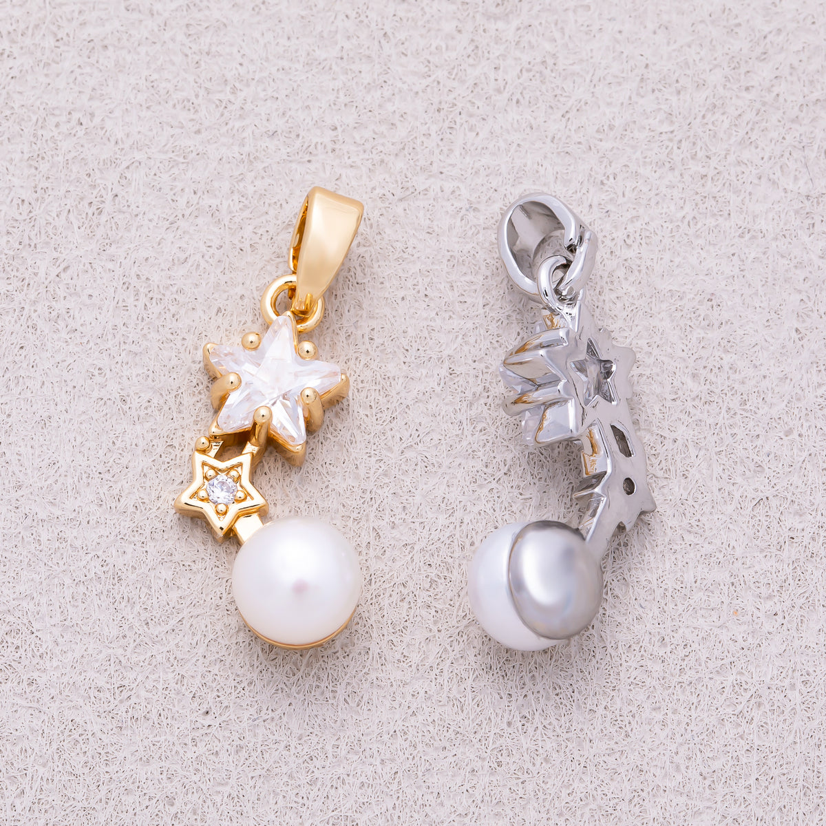 16K Gold Plated Double Star CZ & Shell Pearl Drop Pendant - Sold Each