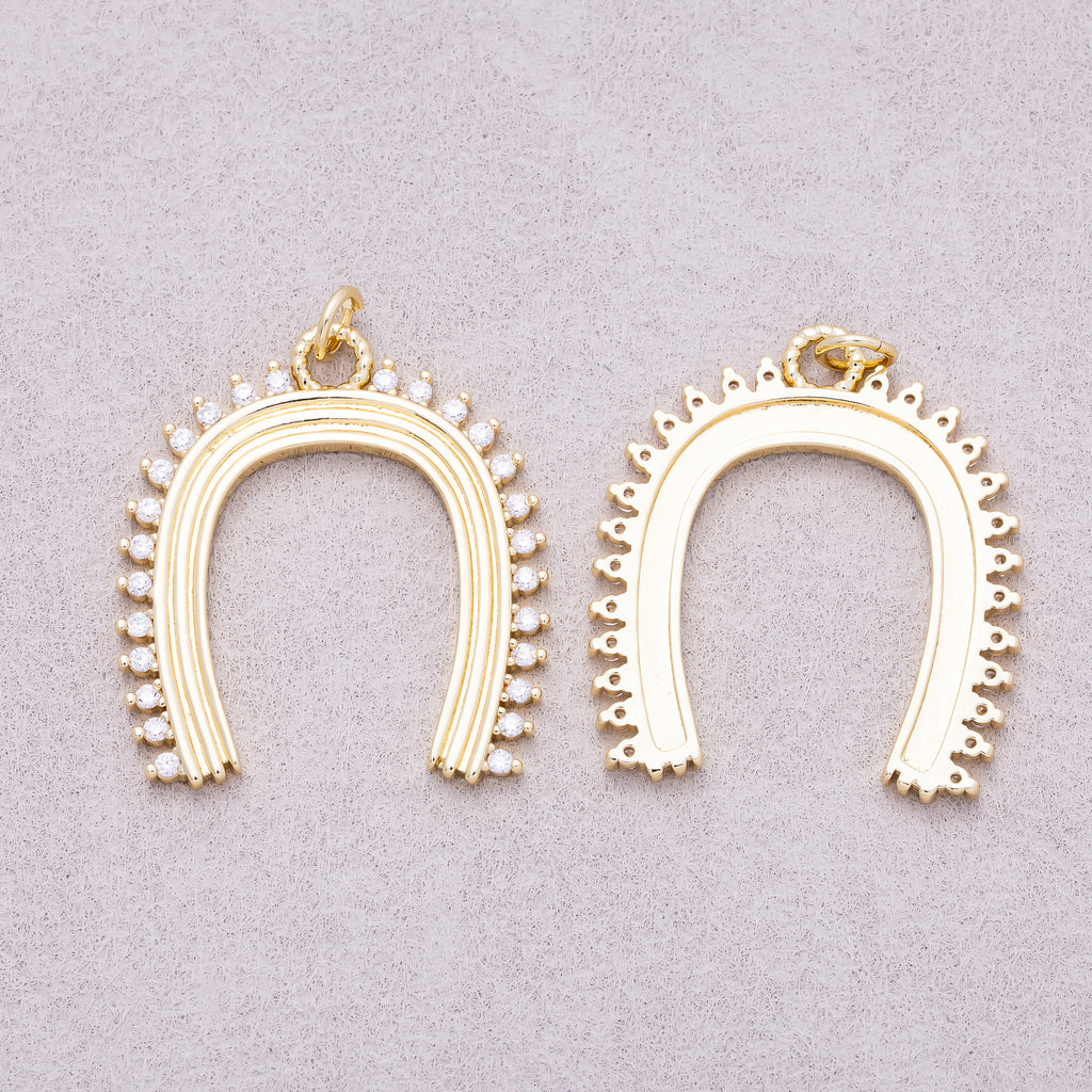 16K Gold Plated Clear CZ Lined Ribbed Horseshoe Charm - Sold Each