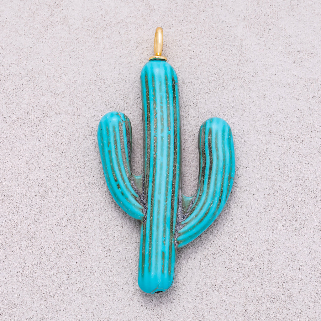 18K Gold Plated Turquoise Enamel Cactus Plant Pendant - Sold Each
