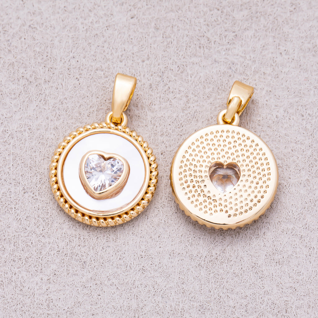 16K Gold Plated Clear CZ Heart Shell Pearl Croissant Bezel Round Pendant - Sold Each