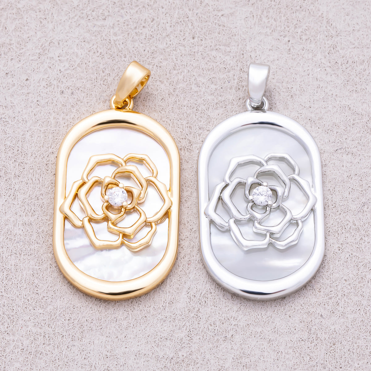 16K Gold Plated Clear CZ Shell Pearl Rose Flower Oblong Oval Bezel Pendant - Sold Each