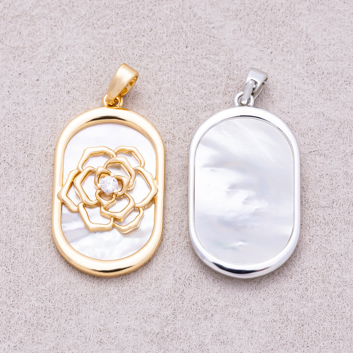 16K Gold Plated Clear CZ Shell Pearl Rose Flower Oblong Oval Bezel Pendant - Sold Each