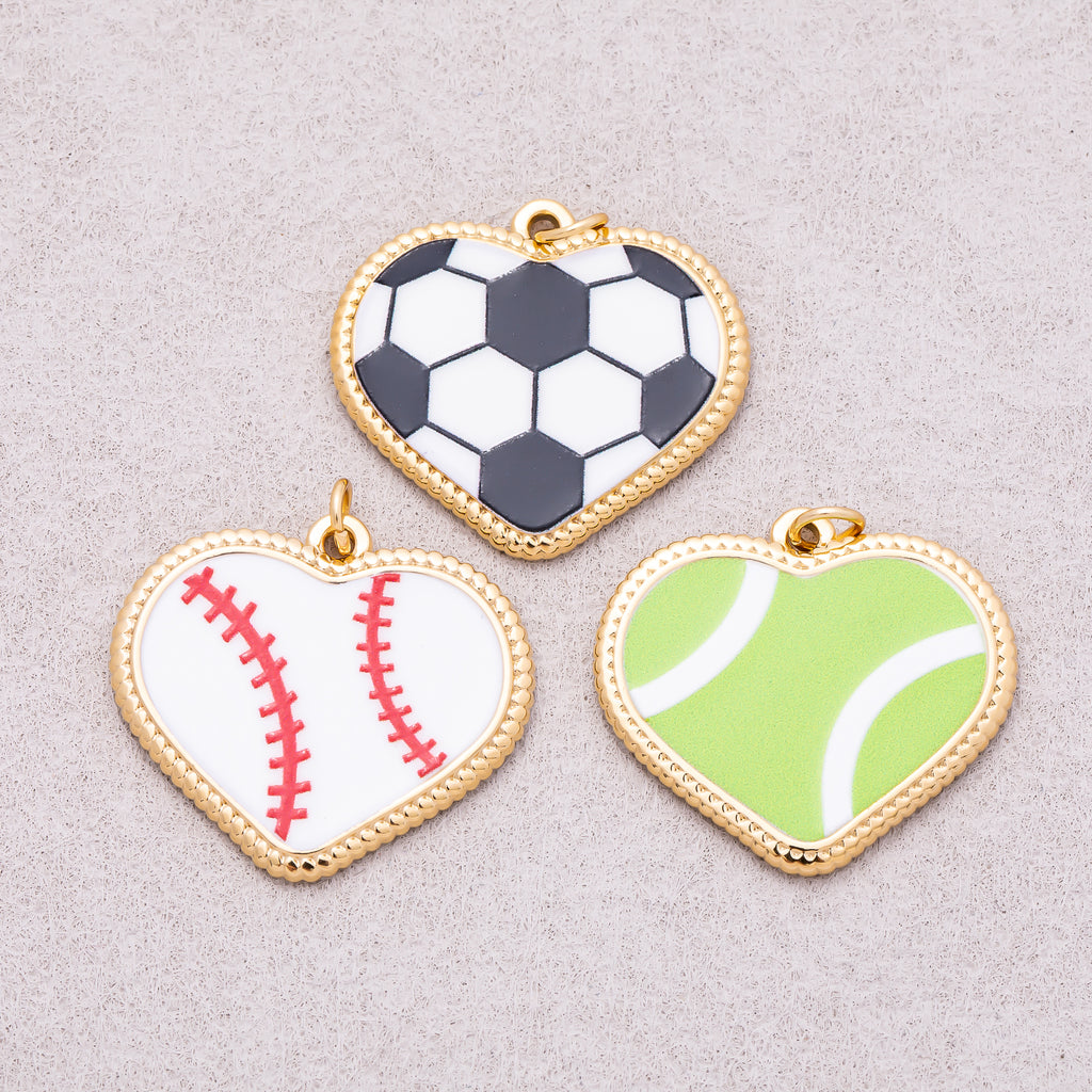 Gold PVD Stainless Steel Tennis, Baseball, Soccer Enamel Bezel Heart Charm