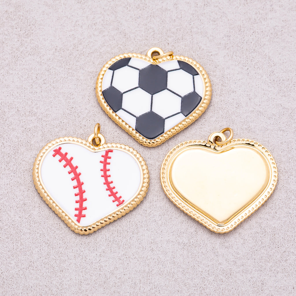 Gold PVD Stainless Steel Tennis, Baseball, Soccer Enamel Bezel Heart Charm