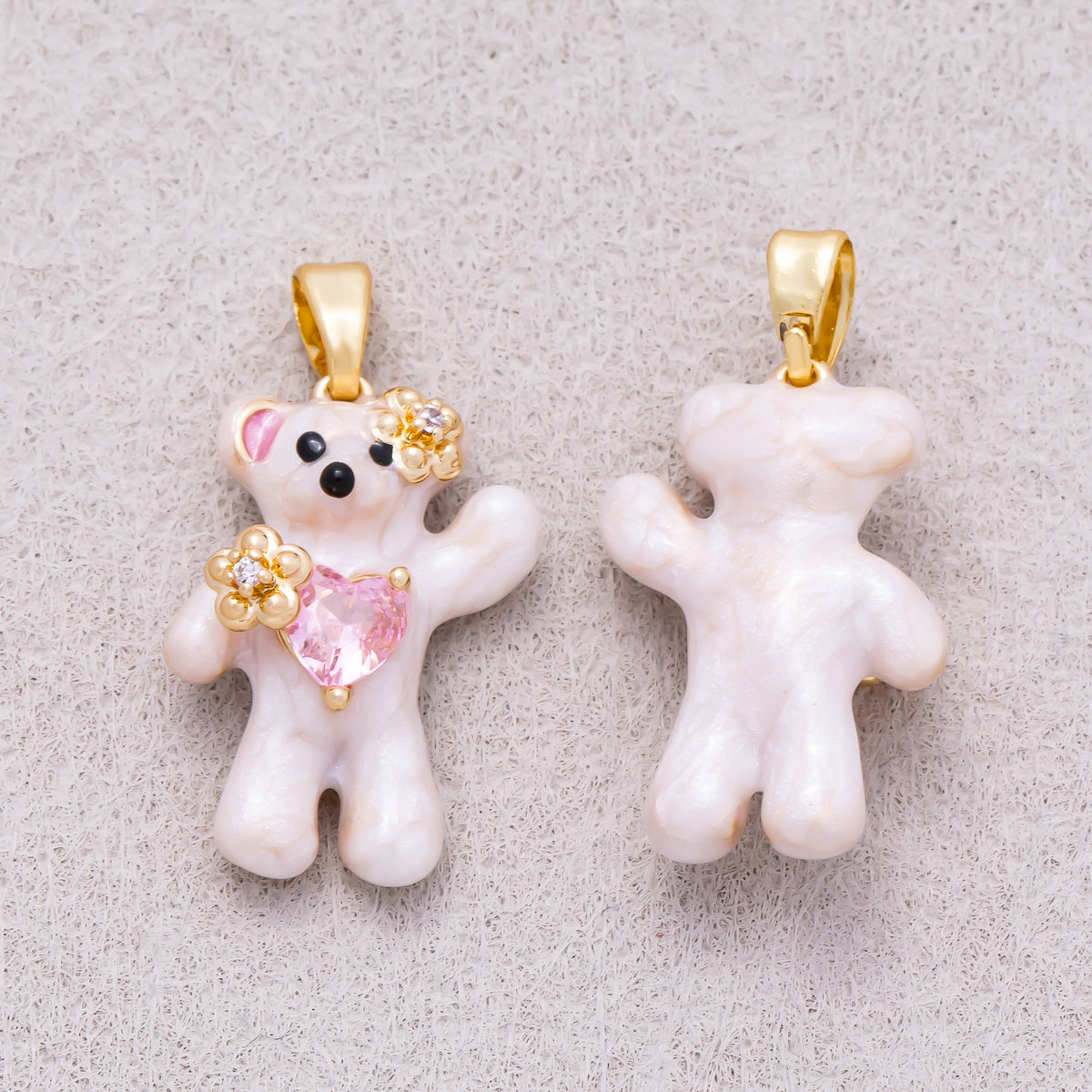16K Gold Plated Clear CZ Pink Enamel Heart Flower Teddy Bear Pendant - Sold Each