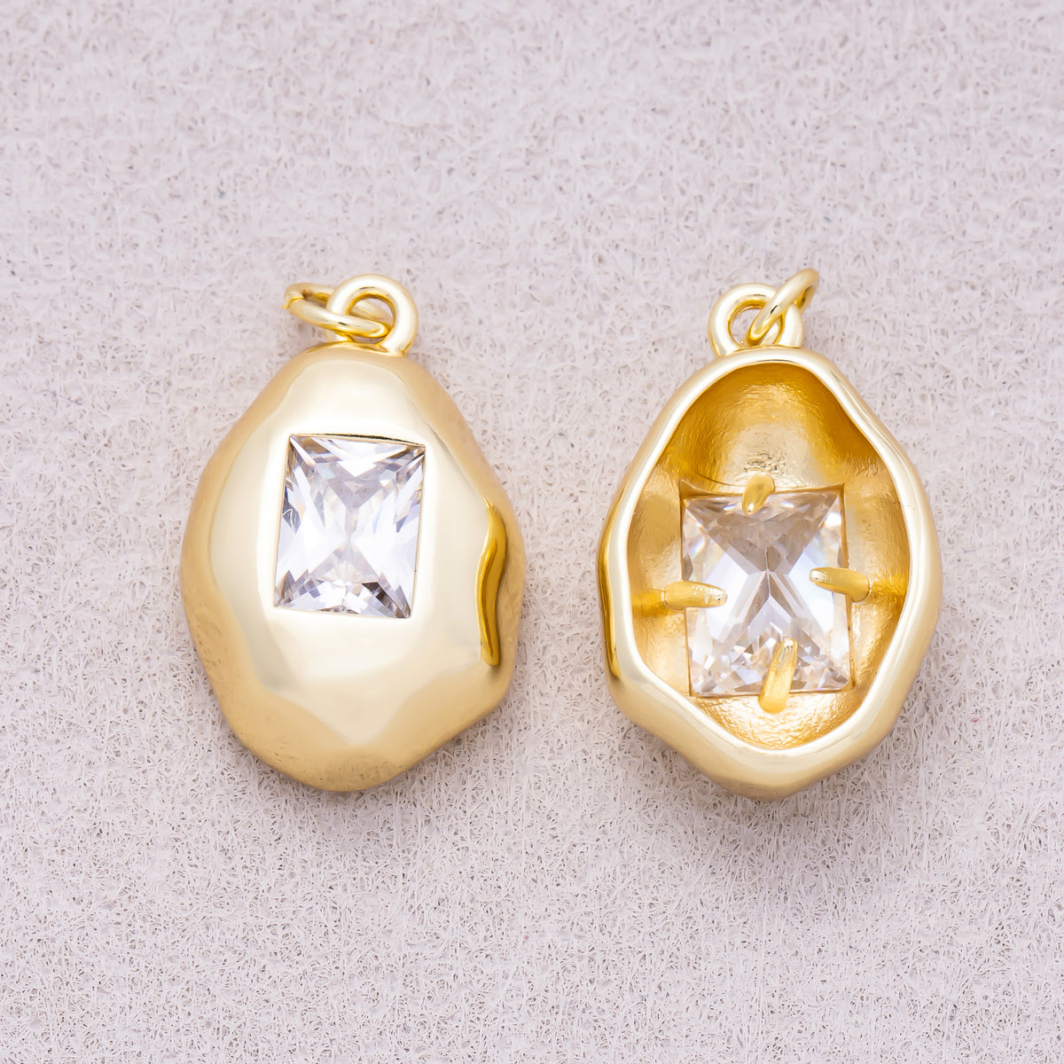 16K Gold Plated Clear CZ Baguette Geometric Molten Bezel Chubby Charm - Sold Each