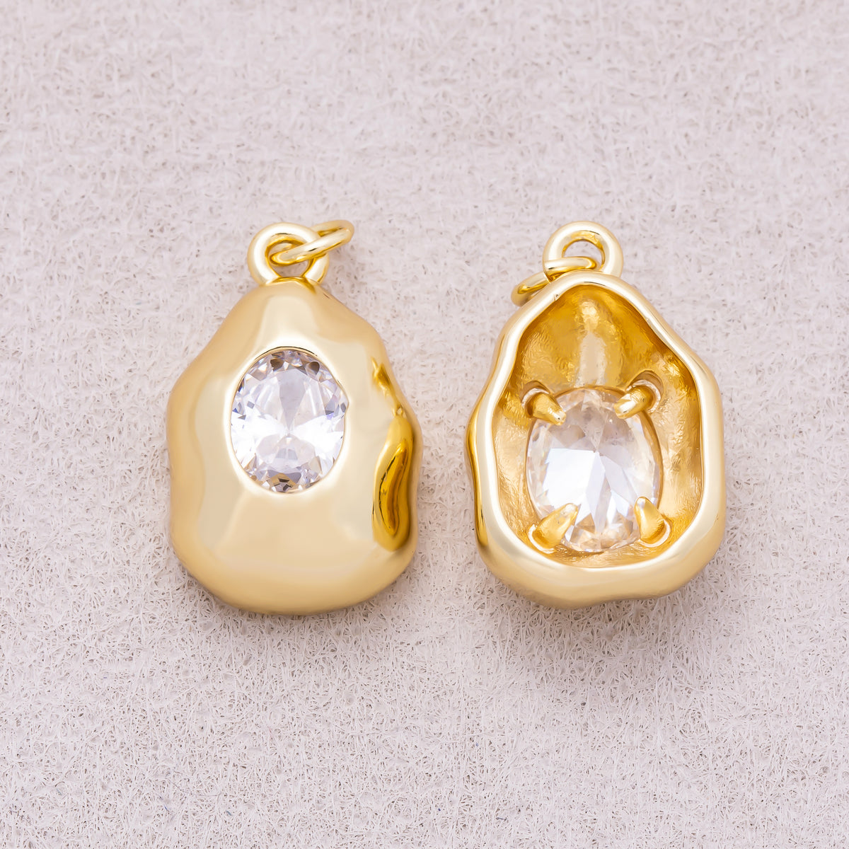 16K Gold Plated Clear CZ Oval Geometric Molten Bezel Chubby Charm - Sold Each