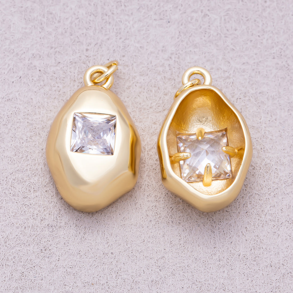 16K Gold Plated Clear Baguette CZ Square Geometric Molten Bezel Chubby Charm - Sold Each