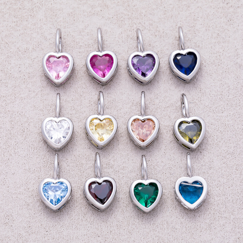Silver Birthstone CZ Bezel Heart Collar Chain Pendant - Sold Each