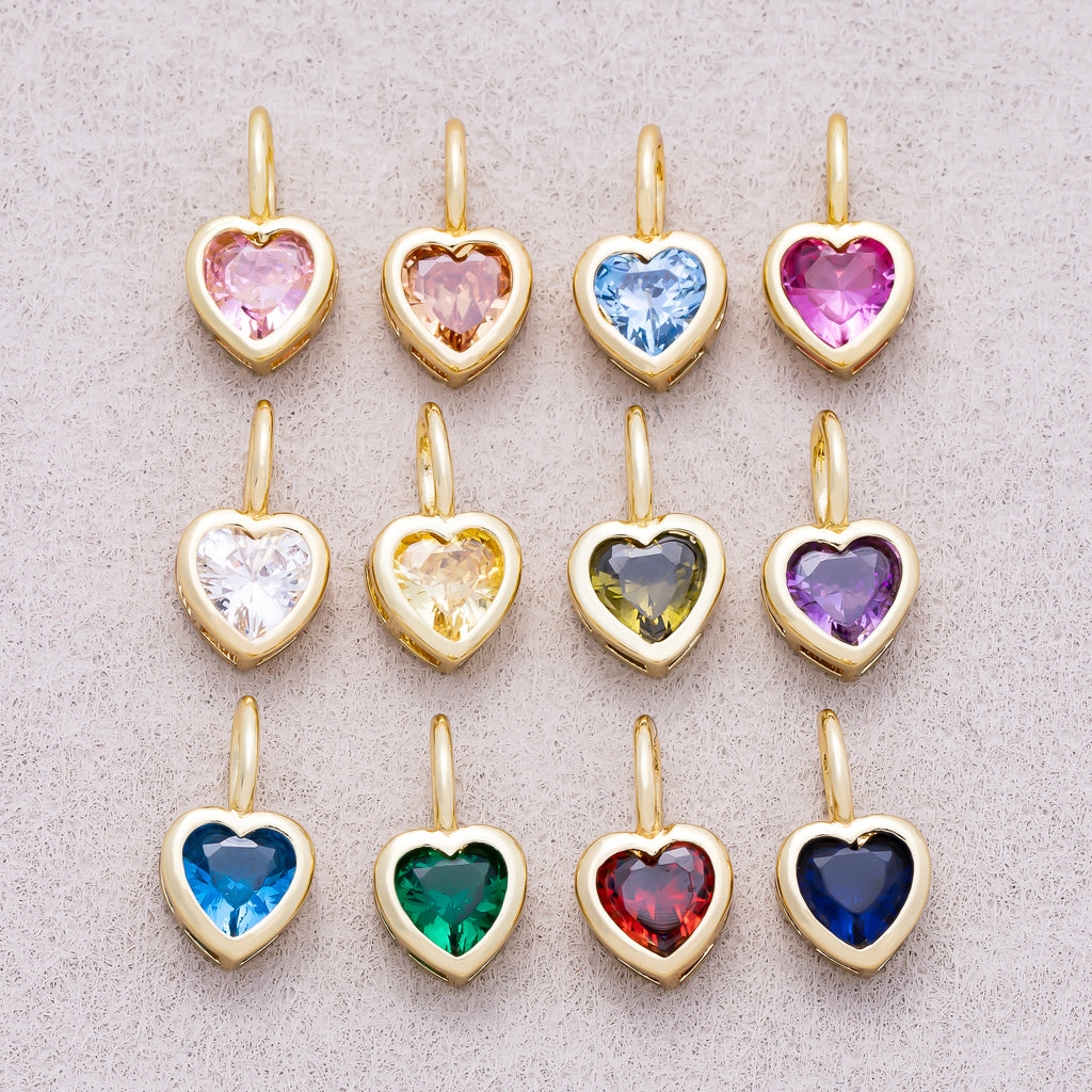16K Gold Plated Birthstone CZ Bezel Heart Collar Chain Pendant - Sold Each