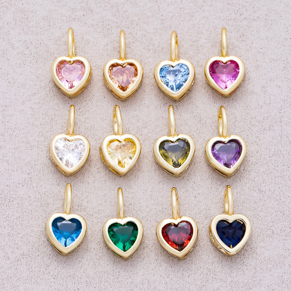 16K Gold Plated Birthstone CZ Bezel Heart Collar Chain Pendant - Sold Each