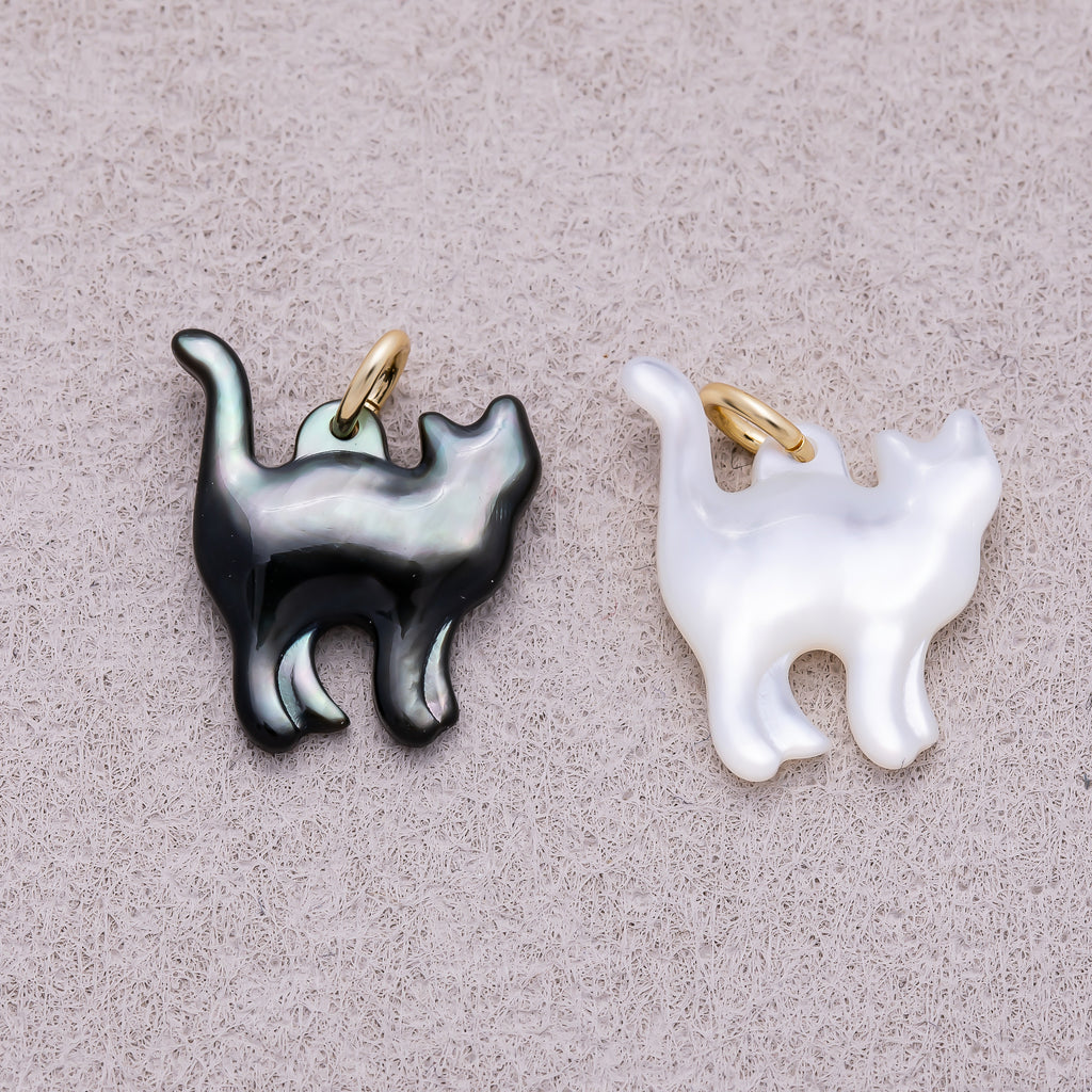 18K Gold Plated Black, White Shell Pearl Cat Kitten Pet Animal Charm - Sold Each