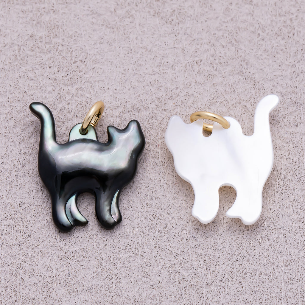 18K Gold Plated Black, White Shell Pearl Cat Kitten Pet Animal Charm - Sold Each