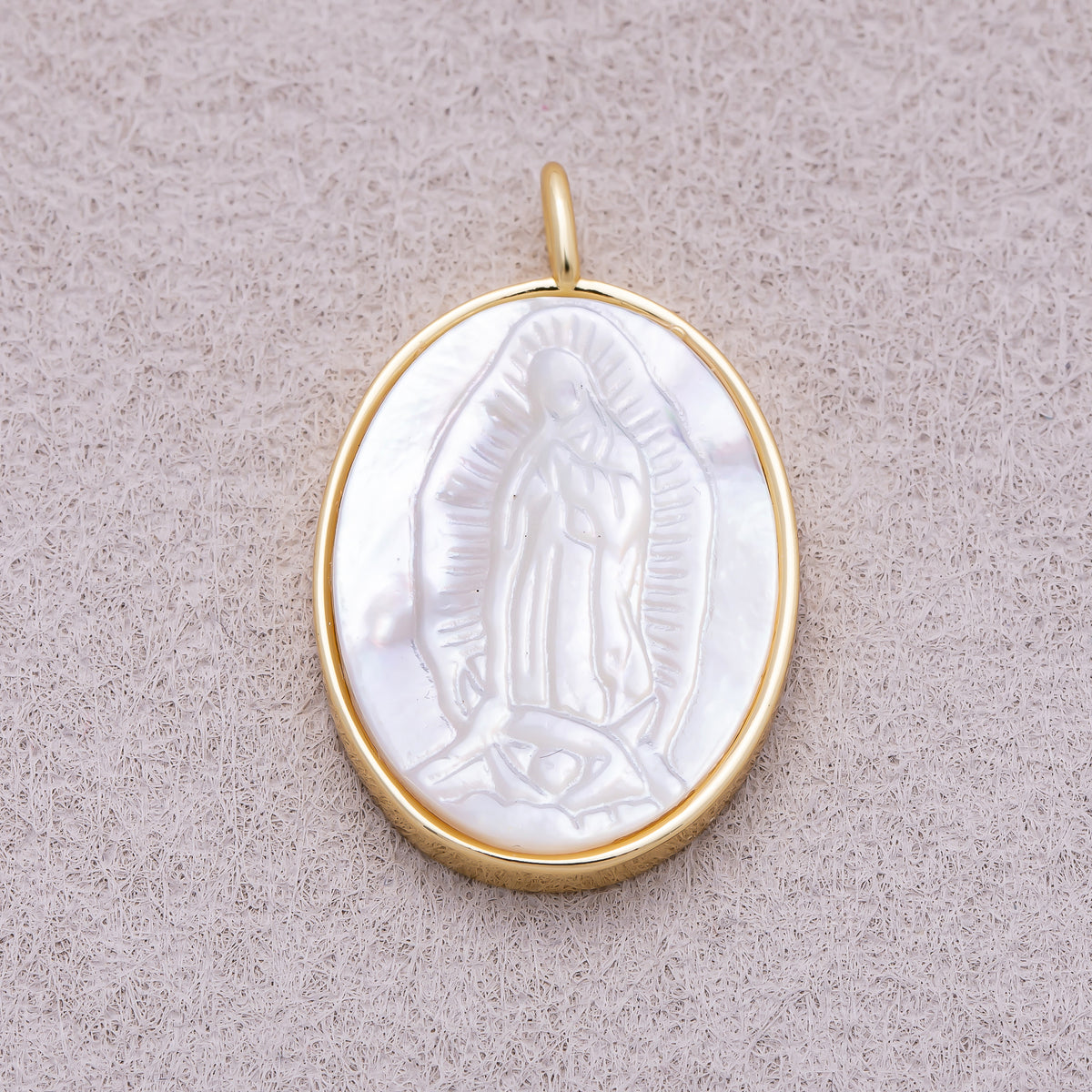 16K Gold Plated Carved White Mother of Pearl Virgin Mary Oval Cameo Pendant - Sold Each