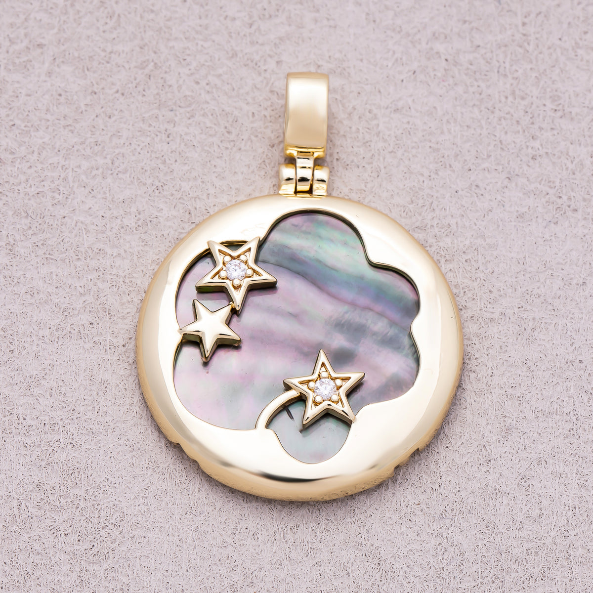 16K Gold Plated Black Mother of Pearl Round Cloud Star CZ Pendant - Sold Each