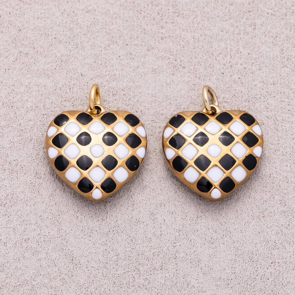 Gold PVD Stainless Steel Black and White Enamel Checkerboard Puffy Heart Charm