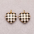 Gold PVD Stainless Steel Black and White Enamel Checkerboard Puffy Heart Charm