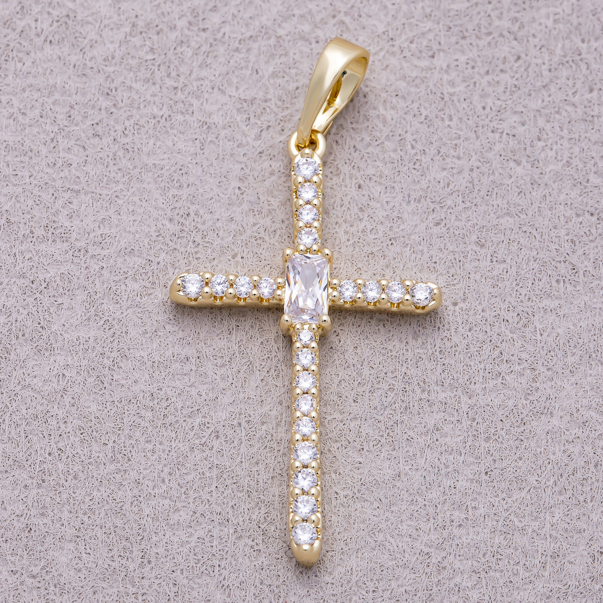 16K Gold Plated Clear Baguette Micro Paved CZ Cross Religious Pendant - Sold Each