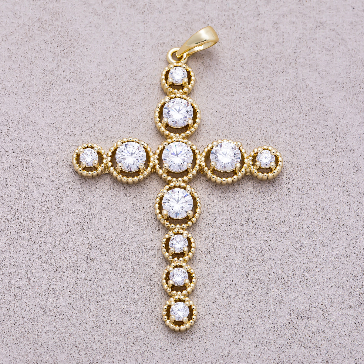 16K Gold Plated Clear CZ Round Religious Cross Pendant - Sold Each