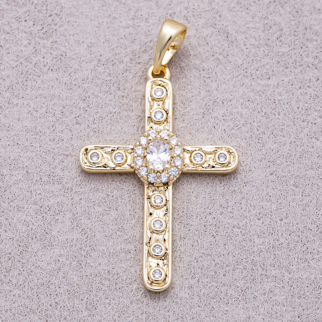 16K Gold Plated Clear CZ Micro Paved Dotted Hammered Religious Cross Pendant - Sold Each