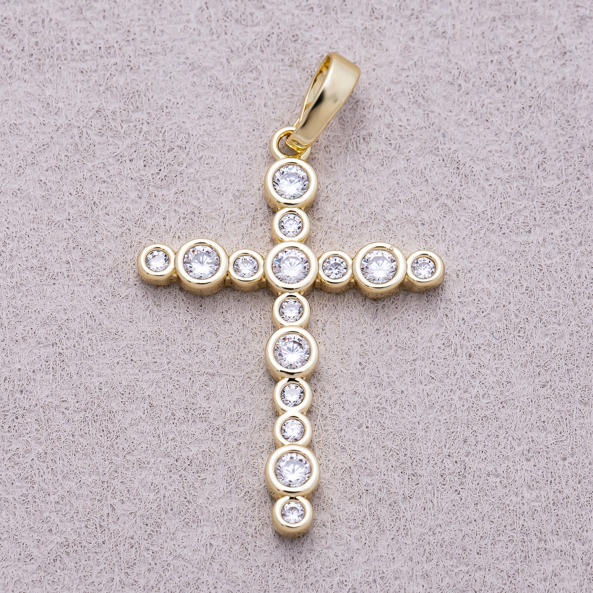 16K Gold Plated Clear CZ Round Bezel Cross Religious Pendant - Sold Each