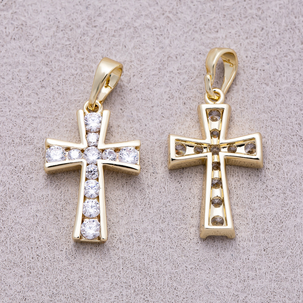 16K Gold Plated Clear CZ Lined Religious Cross Pendant - Sold Each